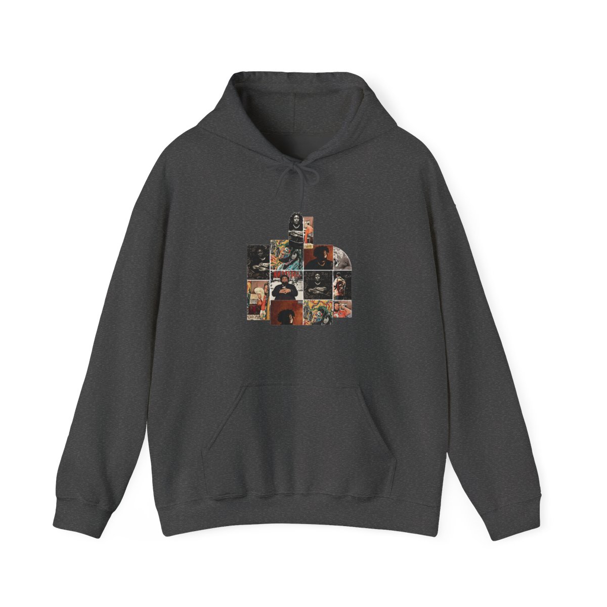 A black and brown hooded Hoodie with a colourful tapestry design featuring multiple portraits of people. The design includes the words "The Marathon Continues" - alternate angle 4, merchandise