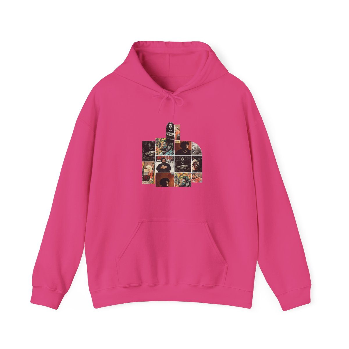 A black and brown hooded Hoodie with a colourful tapestry design featuring multiple portraits of people. The design includes the words "The Marathon Continues" - alternate angle 3, merchandise
