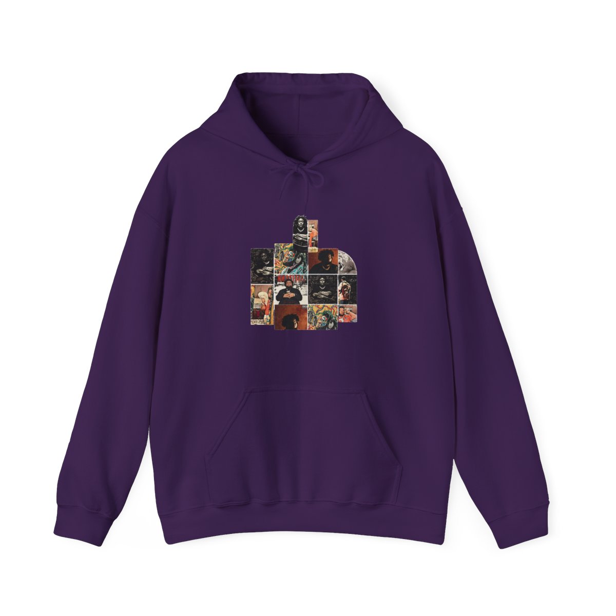 A black and brown hooded Hoodie with a colourful tapestry design featuring multiple portraits of people. The design includes the words "The Marathon Continues" - alternate angle 5, merchandise