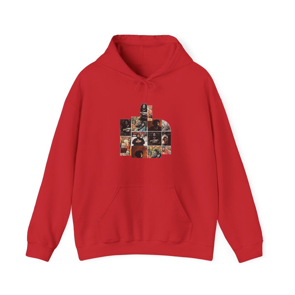 A black and brown hooded Hoodie with a colourful tapestry design featuring multiple portraits of people. The design includes the words "The Marathon Continues"