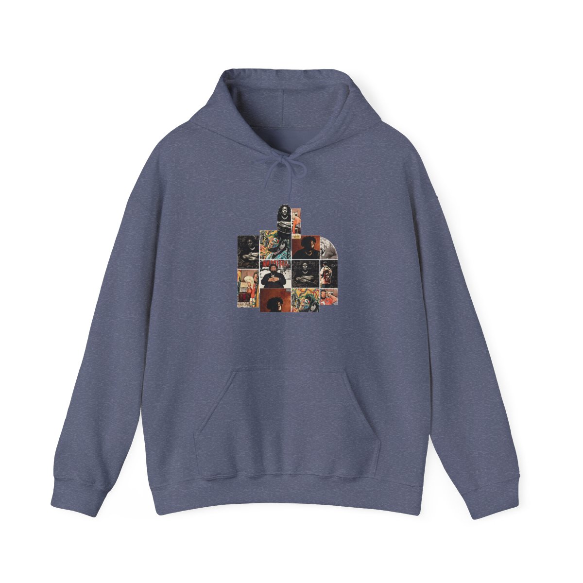 A black and brown hooded Hoodie with a colourful tapestry design featuring multiple portraits of people. The design includes the words "The Marathon Continues" - alternate angle 2, merchandise