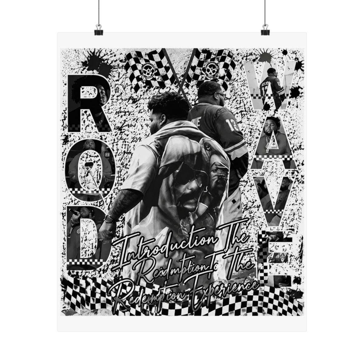 Poster with a collage design featuring images of people, text, and racing flags. The text includes "ROD WAVE" and "Introduction To The Redemption Experience." The background has a distressed,... - alternate angle 2, merchandise