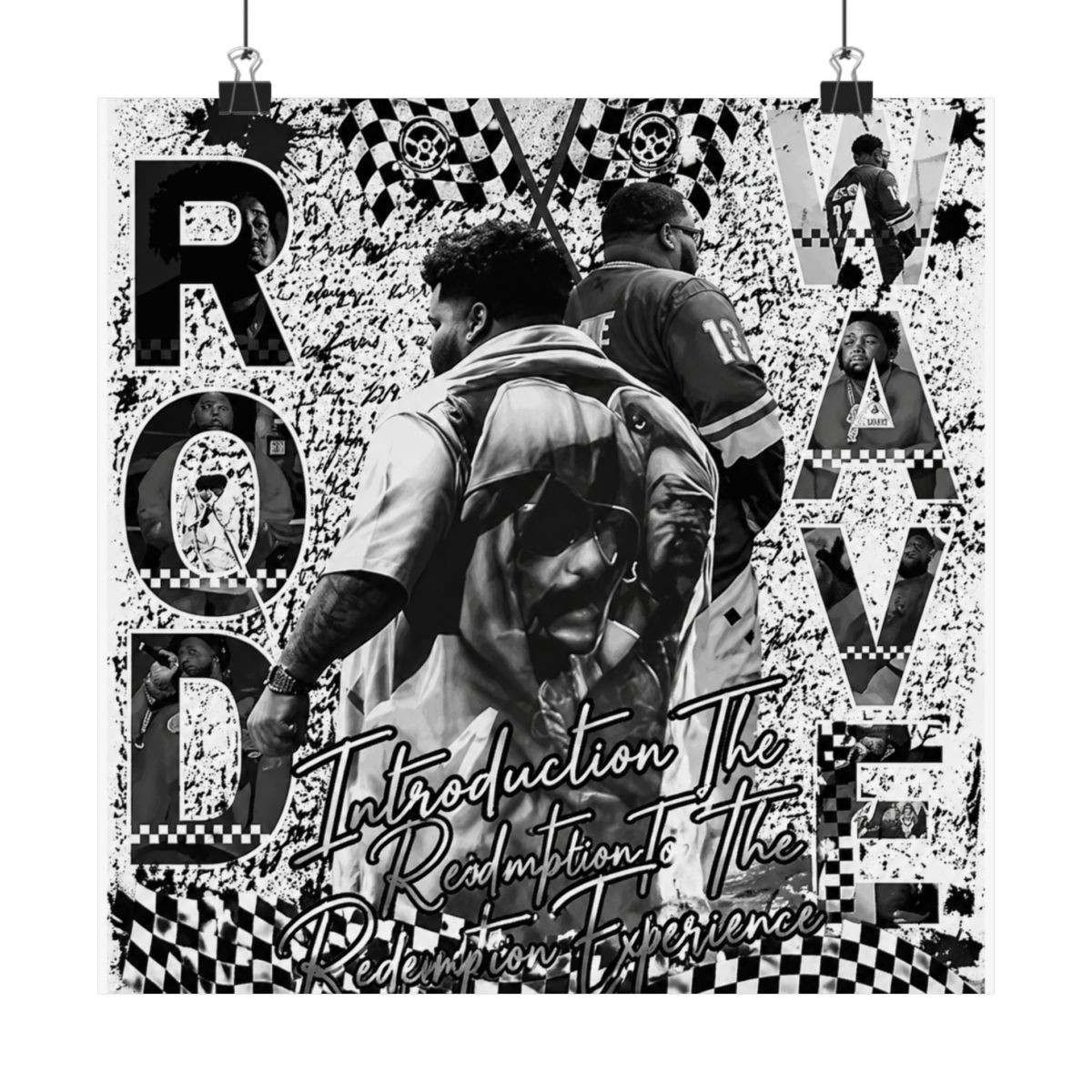 Poster with a collage design featuring images of people, text, and racing flags. The text includes "ROD WAVE" and "Introduction To The Redemption Experience." The background has a distressed,... - Official Posters & Wall Art merchandise