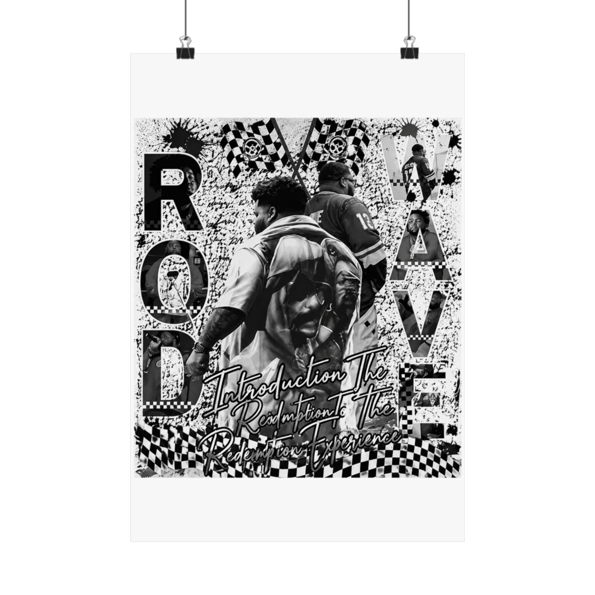 Poster with a collage design featuring images of people, text, and racing flags. The text includes "ROD WAVE" and "Introduction To The Redemption Experience." The background has a distressed,... - alternate angle 4, merchandise