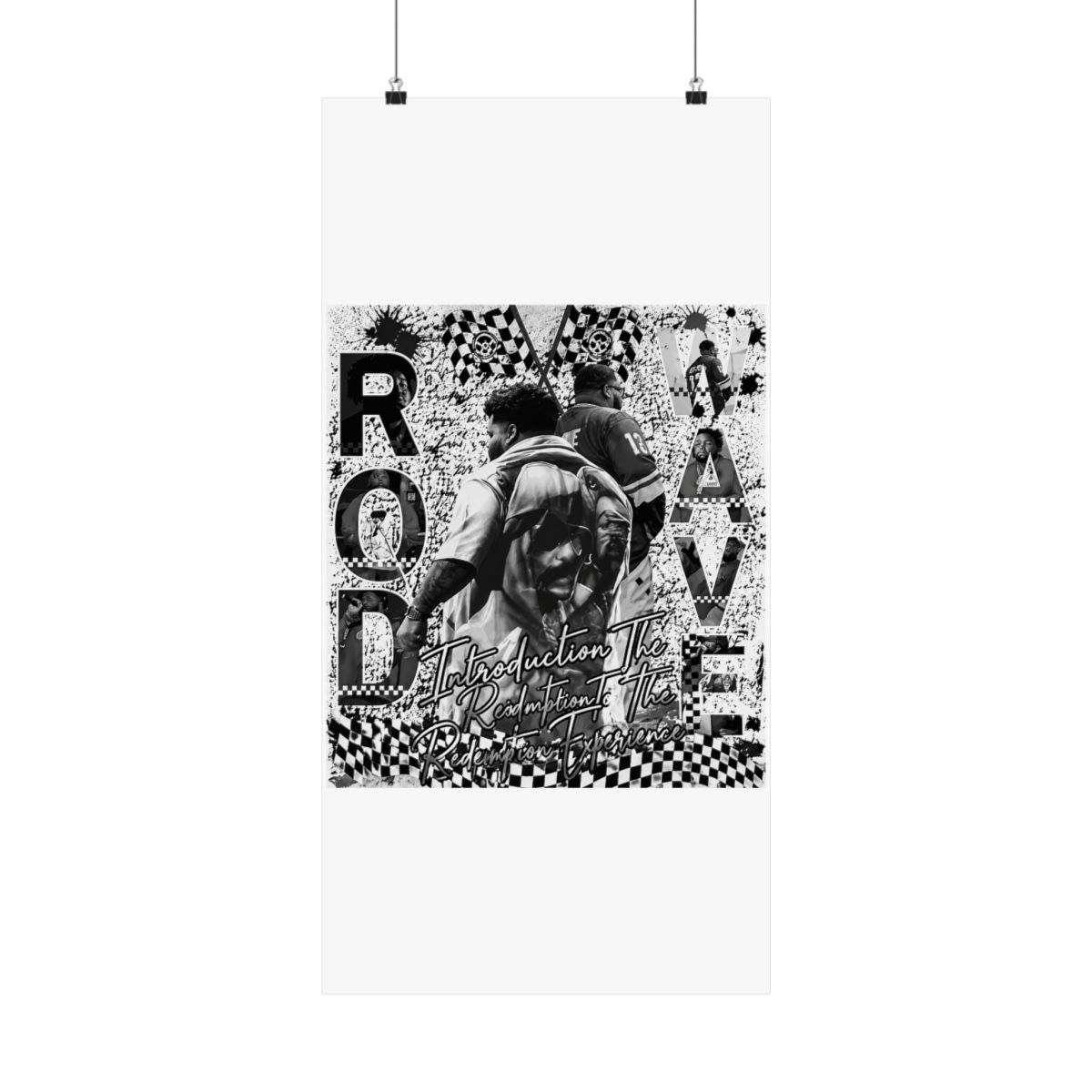 Poster with a collage design featuring images of people, text, and racing flags. The text includes "ROD WAVE" and "Introduction To The Redemption Experience." The background has a distressed,...