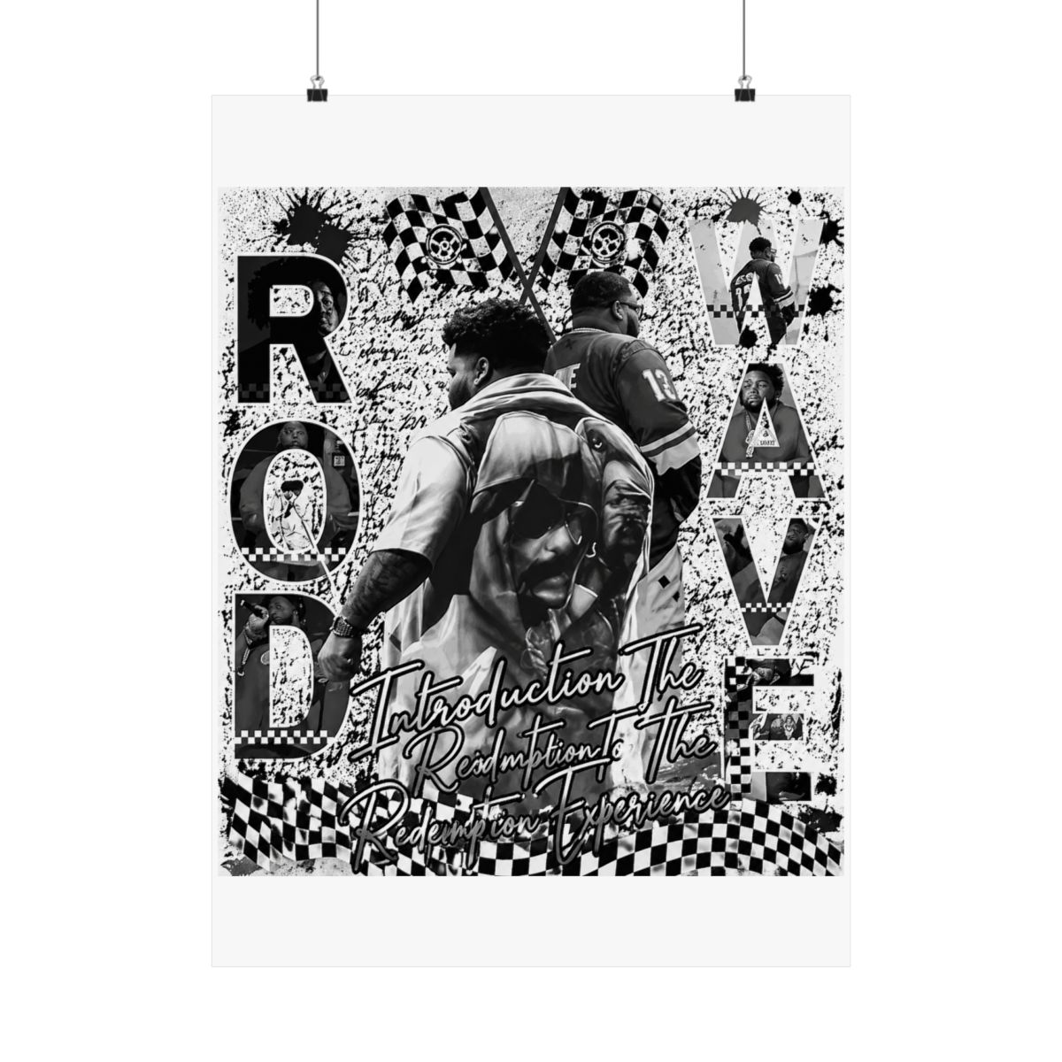 Poster with a collage design featuring images of people, text, and racing flags. The text includes "ROD WAVE" and "Introduction To The Redemption Experience." The background has a distressed,... - alternate angle 3, merchandise