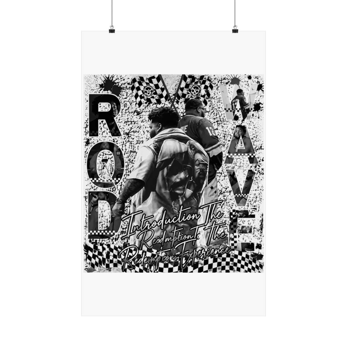 Poster with a collage design featuring images of people, text, and racing flags. The text includes "ROD WAVE" and "Introduction To The Redemption Experience." The background has a distressed,... - alternate angle 5, merchandise