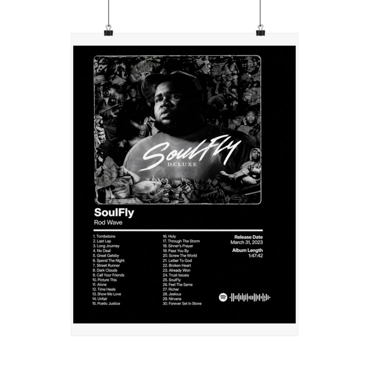 A framed black and white poster of the "SoulFly Deluxe" album by Rod Wave. The poster displays the album title, artist, tracklist, release date, and album length. The image is set against a dark... - alternate angle 4, merchandise